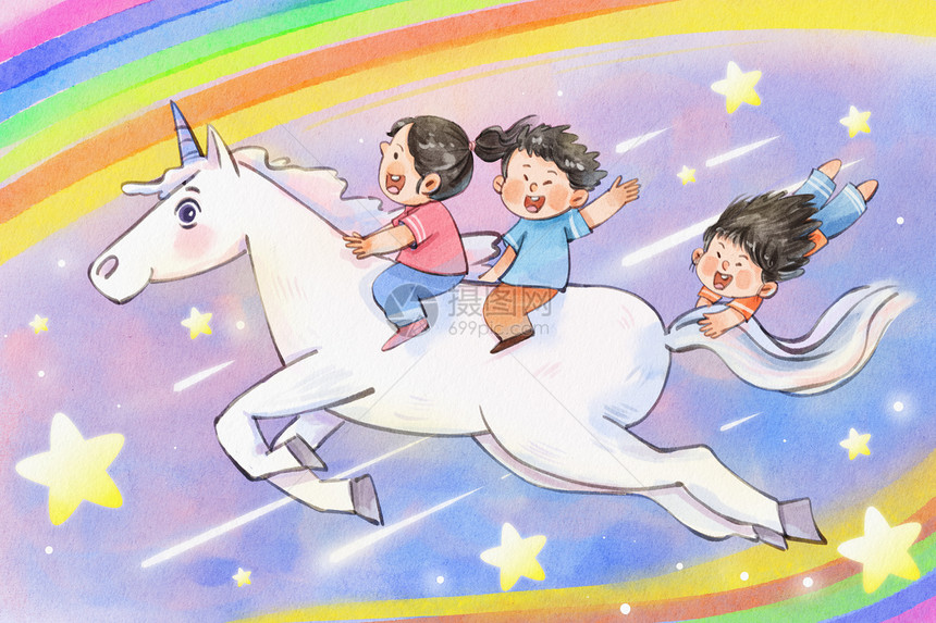 手绘水彩六一儿童节之独角兽与儿童梦幻治愈系插画图片