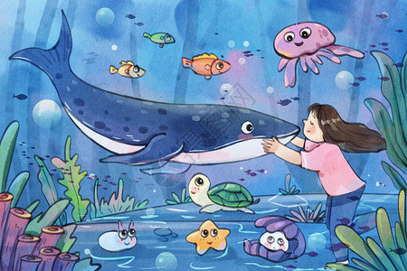 斯里兰卡海龟手绘水彩世界海洋日之抚摸鲸鱼女孩治愈系插画插画