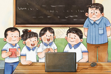 电脑儿童手绘水彩校园生活之老师学生一起学习电脑知识温馨插画插画