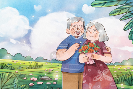 温暖素材手绘水彩520字老年人的爱情求婚浪漫插画插画