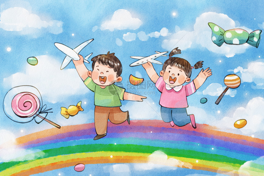 手绘水彩儿童节之玩飞机的儿童彩虹糖等糖果治愈系插画图片