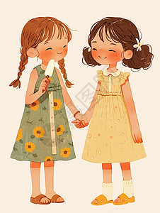 连衣裙女孩两个卡通小女孩手拉着手吃雪糕插画