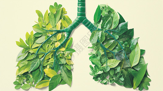 绿色呼吸绿色卡通肺部造型铺满了树叶插画