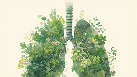 绿色呼吸绿色卡通肺部造型铺满了绿叶插画