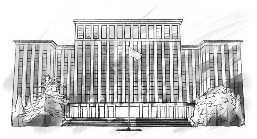 城市特色建筑水墨素描插画老地标清华大学主楼广场图片