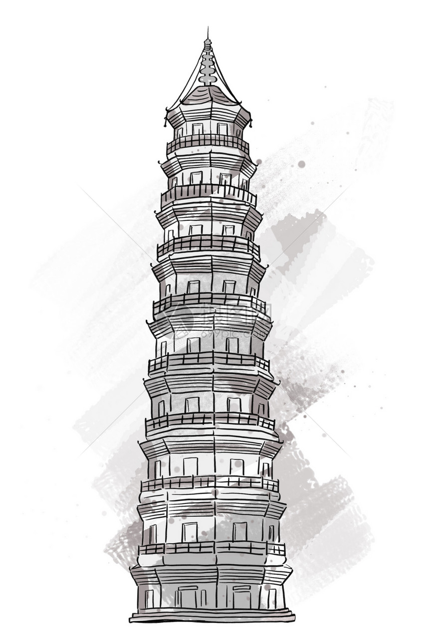 东莞城市特色建筑水墨素描插画老地标金鳌洲塔图片