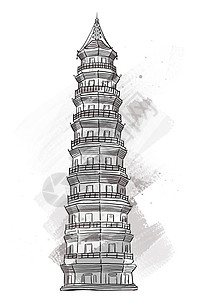 訾洲东莞城市特色建筑水墨素描插画老地标金鳌洲塔插画
