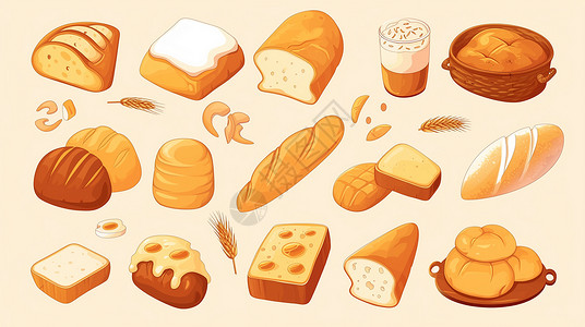 早餐面包片各种造型可爱的卡通面包插画