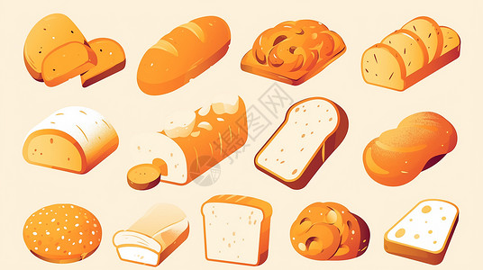 早餐面包片各种造型的卡通面包插画