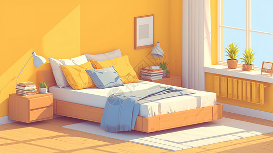 卧室照明浅色系卡通卧室床插画