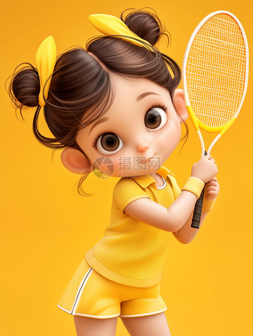 身穿黄色运动套装打网球的卡通小女孩图片
