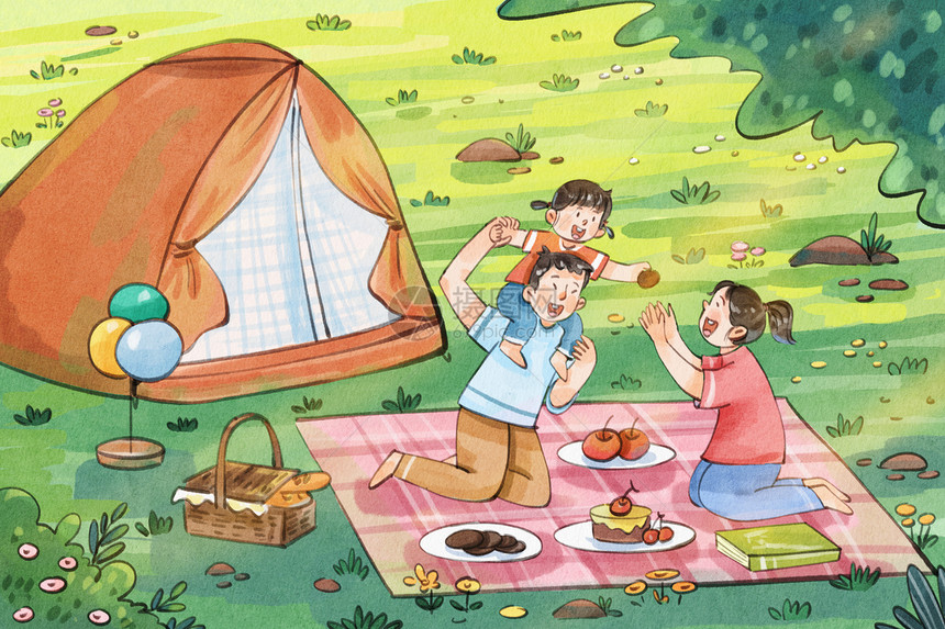 手绘水彩夏季露营之爸爸女儿与妈妈互动治愈插画图片