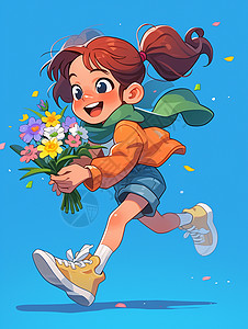 抱着花束奔跑的卡通女孩背景图片