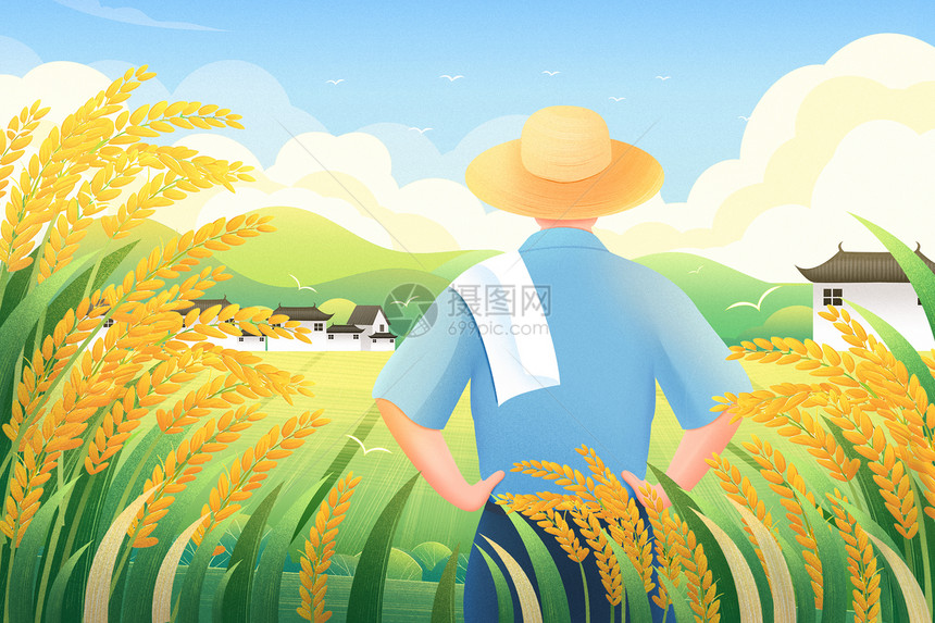 芒种麦田里的农民背影插画海报图片