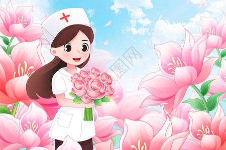 女人素颜国际护士节白衣护士粉色花卉插画插画