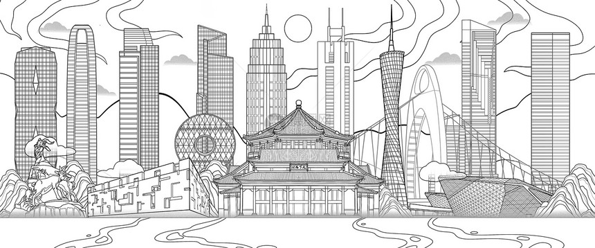 国潮风广东广州地标古建筑现代大厦线稿场景插画图片