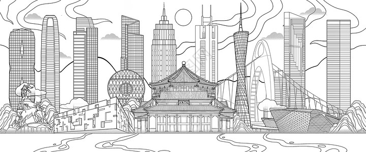 国潮风广东广州地标古建筑现代大厦线稿场景插画图片素材