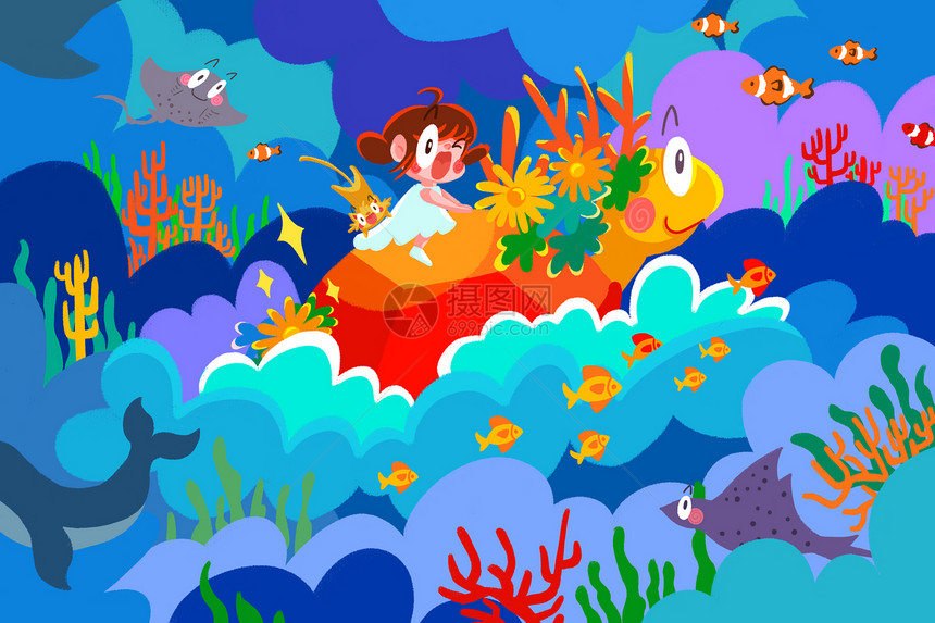 世界海洋日海浪花海龟女孩猫背景海报运营插画图片