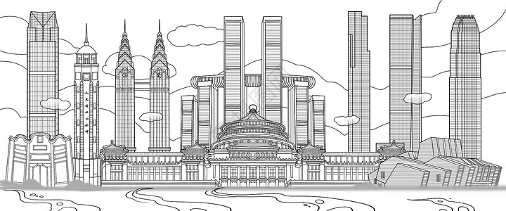 重庆素描国潮风四川重庆地标古现代建筑重庆大礼堂重庆大剧院重庆来福士重庆喜来登大酒店解放碑线稿场景插画