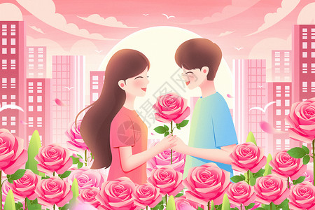 520花丛中一个男人送玫瑰花给女人插画高清图片