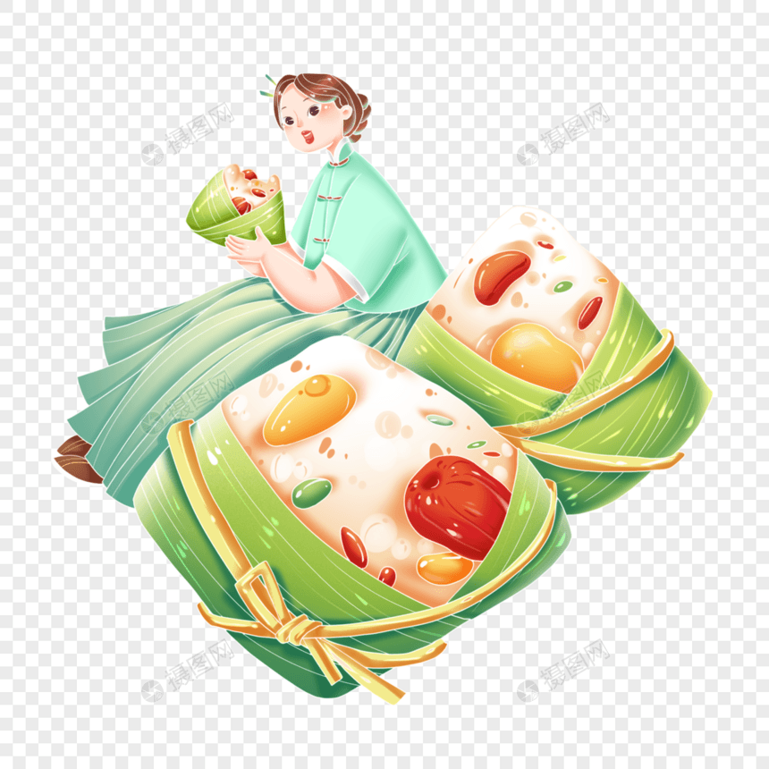 端午节传统服饰女性吃粽子和大粽子场景图片