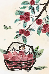 大唐仕女手绘水墨夏季水果系列之杨梅插画插画