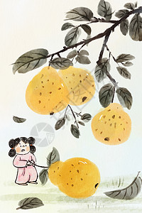 秋月梨手绘水墨夏季水果系列之梨插画插画