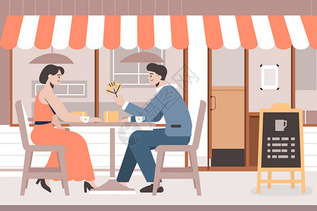 咖啡店背景520情人节情侣咖啡店约会插画