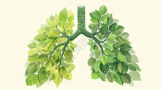 绿色健康的肺绿色树叶拼接成的肺部造型插画