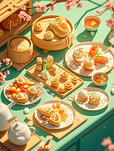 一桌丰盛的卡通传统美食高清图片