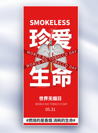 一包香烟红色大气世界无烟日长屏海报模板