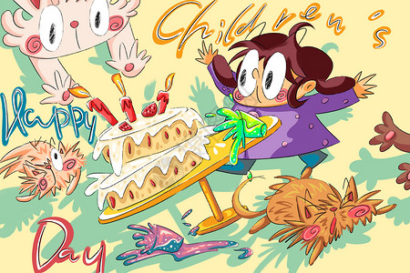 芒果蛋糕海报儿童节猫兔子女孩蛋糕背景海报运营插画插画
