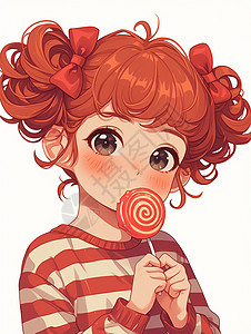吃棒棒糖女孩吃棒棒糖穿着红色条纹衫的卡通女孩插画