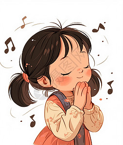 闭眼小女孩双手合十闭眼听音乐的卡通可爱小女孩插画