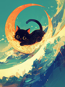 夜晚在月亮上一只可爱的小黑猫图片素材