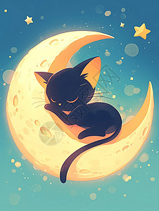 夜晚在月亮上一只可爱的卡通小黑猫图片素材