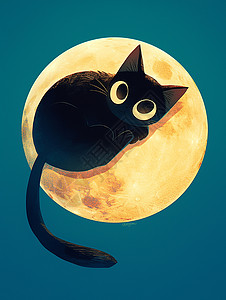 夜晚在月亮上一只可爱的卡通小猫图片素材