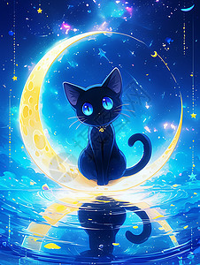 夜晚一只可爱的卡通小黑猫图片素材