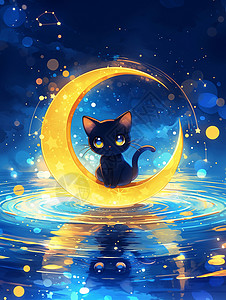 在月亮上一只可爱的卡通小黑猫图片素材