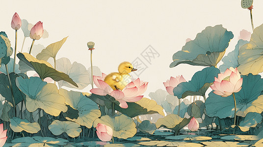 一只毛茸茸卡通小鸭子在荷花塘中背景图片