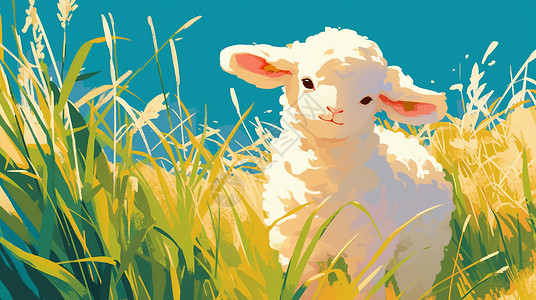 在草丛中一只卡通小羊高清图片