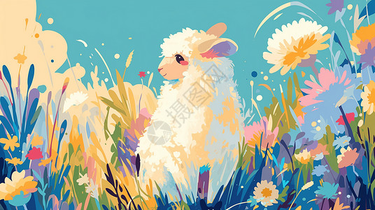 在草丛中可爱的卡通小羊高清图片