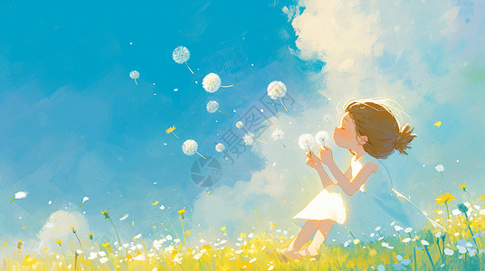 蒲公英水滴坐在草地上吹蒲公英的卡通女孩插画