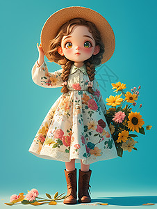 戴草帽的小人身穿碎花连衣裙戴着草帽的女孩手拿花朵插画