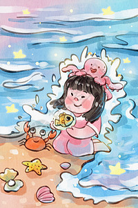 手绘螃蟹手绘世界海洋日之女孩与鱼类治愈插画插画