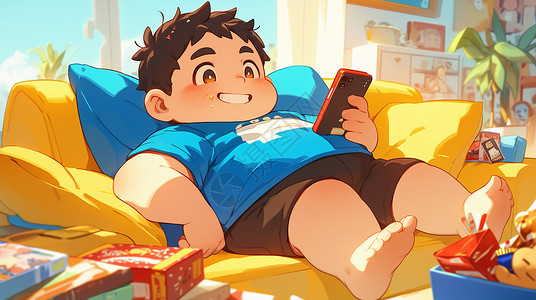 穿蓝色T恤躺在沙发上看手机的卡通男孩高清图片