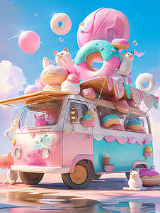 甜品车梦幻甜甜圈卡通汽车插画