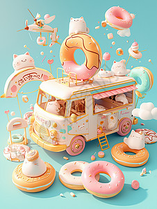 甜品车甜甜圈卡通汽车插画