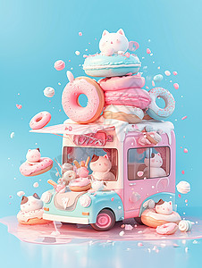 甜品车可爱梦幻甜甜圈卡通汽车插画