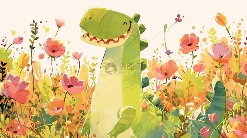 微笑的绿色卡通小恐龙在花丛中图片